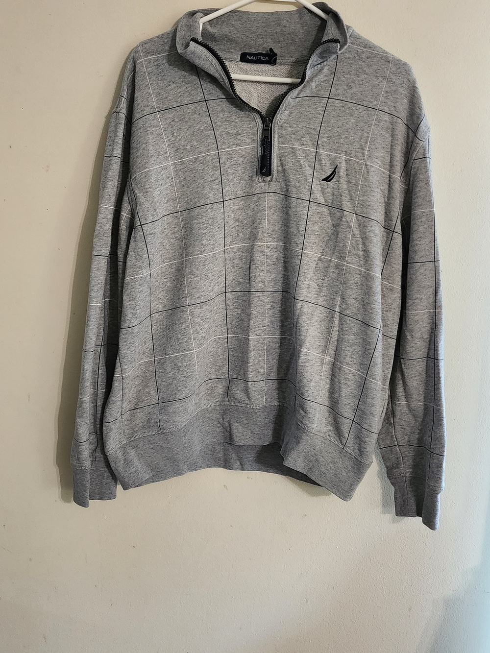 Nautica Heather Grey Windowpane Grid 1/4 Zip Pullover Sweatshirt Men's Large